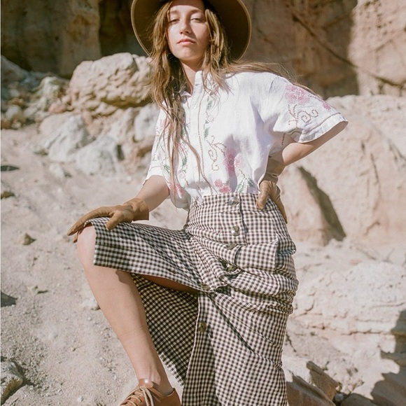 Brown Gingham Button-Down Skirt - Picture 2 of 7